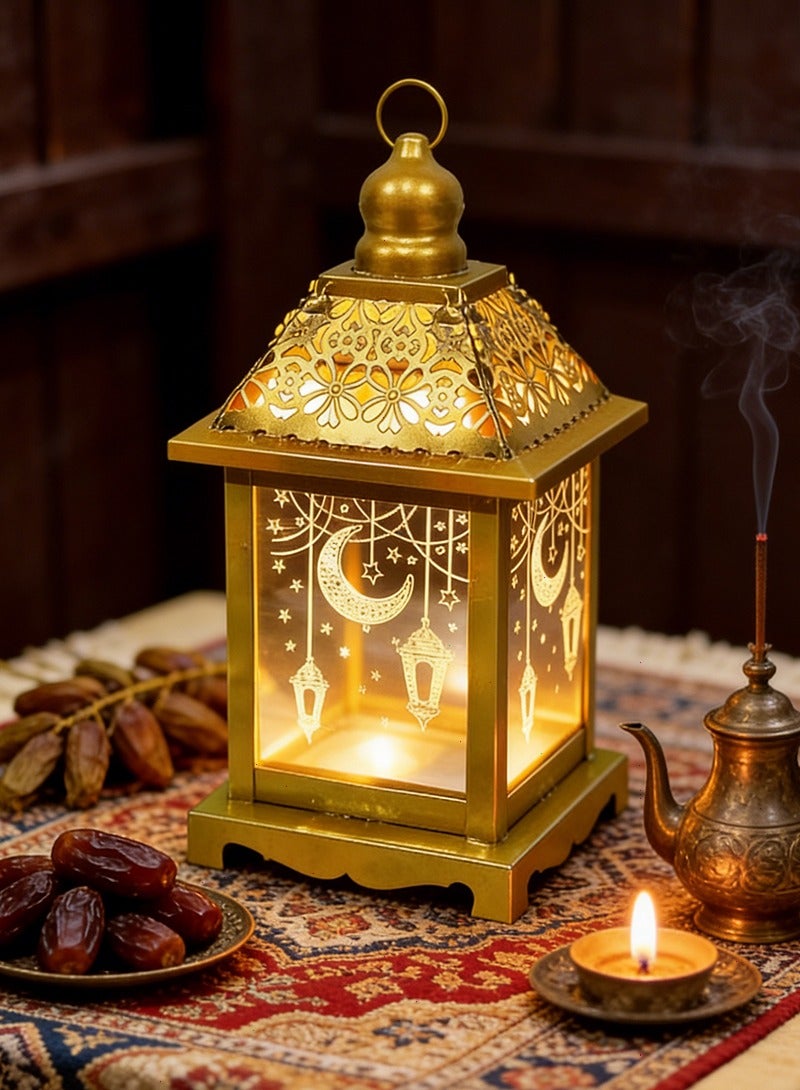 يواوليتي فانوس رمضان ، زينة رمضان ، أضواء رمضان مع شمعة ليد ، فانوس أبيض دافئ الزخرفية مع القمر نجمة ضوء نمط - Image 1